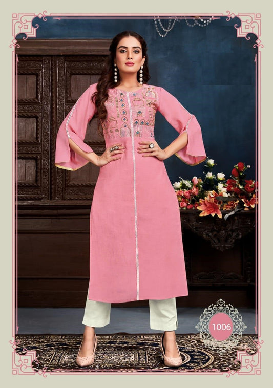Pink Embroidery Work Muslin Kurti with White Cotton Flex Pant