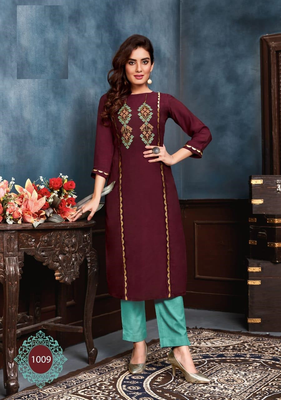 Maroon Embroidery Work Muslin Kurti with Green Cotton Flex Pant