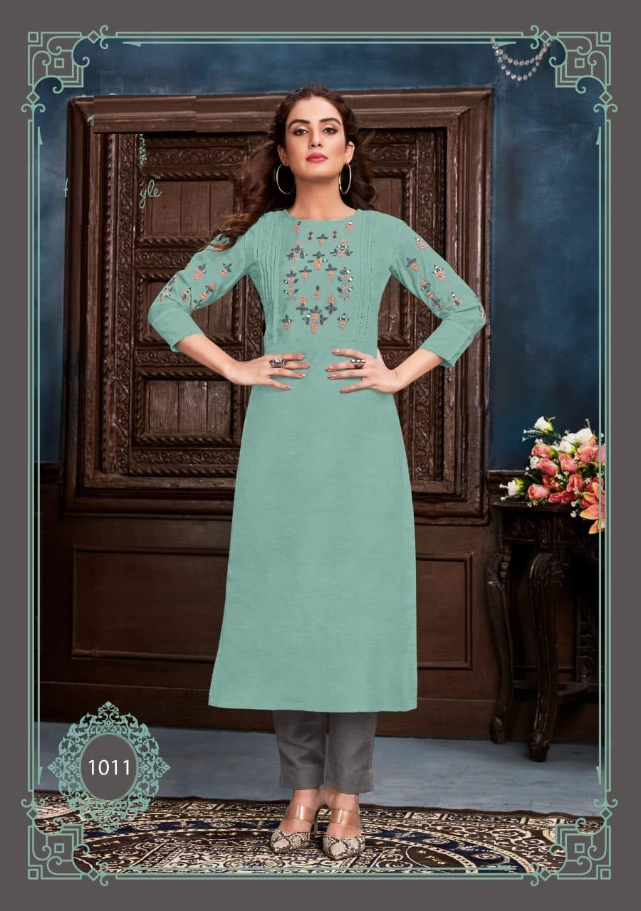 Green Embroidery Work Muslin Kurti with Grey Cotton Flex Pant