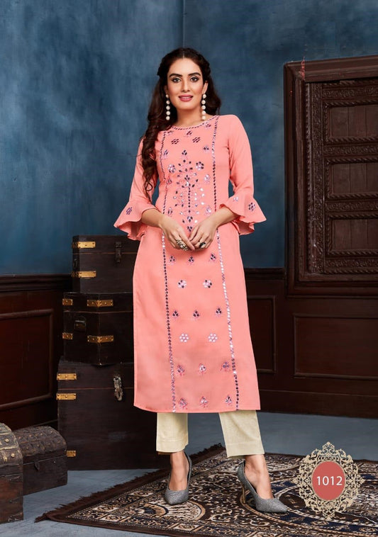 Pink Embroidery Work Muslin Kurti with Off White Cotton Flex Pant