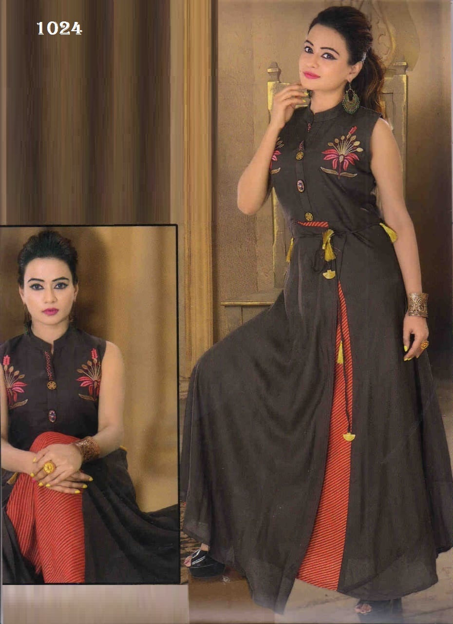 Grey Rayon Long Kurti with Dori have latkans Designer flare long kurti Gown Chinese collar With Embroidery and Handwork