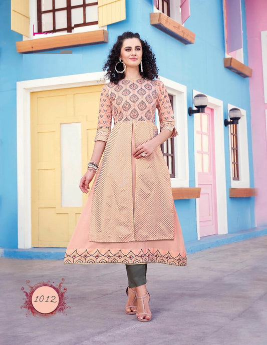 Pink Rayon Fancy Print Kurti with Pink Classy Prints Attached Shrug