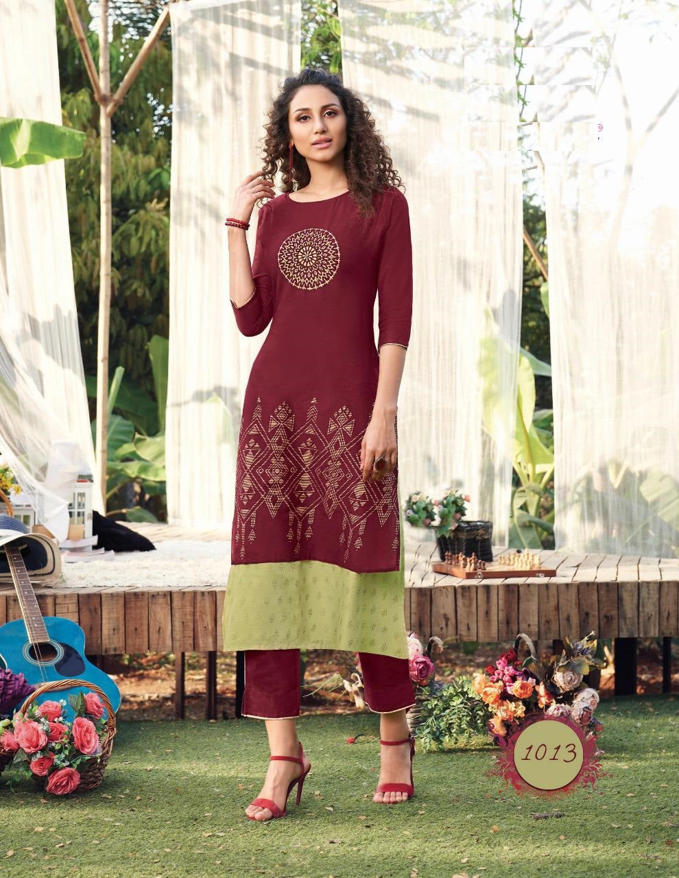 Pista Green Rayon Fancy Print Kurti with Maroon Classy Prints Attached Shrug