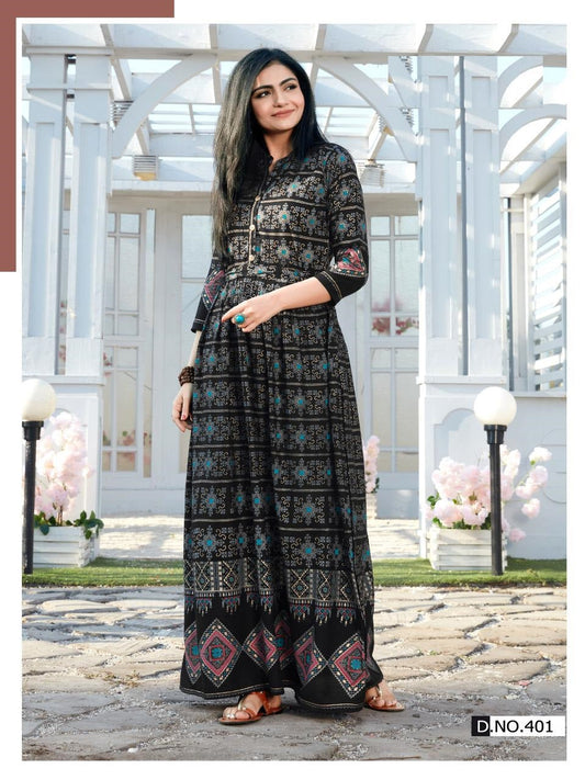 Black Rayon Beautiful Golden Printed Long flare Kurti Gown chinese collar Front Buttons with waist belt