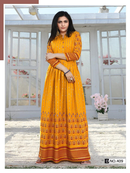 Yellow Rayon Beautiful Golden Printed Long flare Kurti Gown chinese collar Front Buttons with waist belt