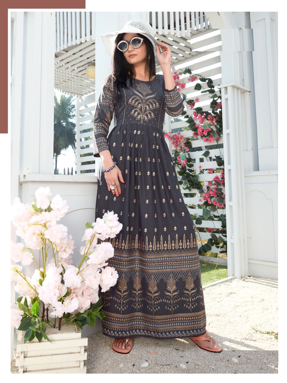 Grey Rayon Beautiful Golden Printed flare Long kurti Gown round neck