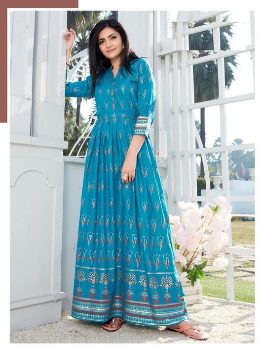 Sky Blue Rayon Beautiful Golden Printed flare Long Kurti Gown Chinese collar Front buttons with waist belt