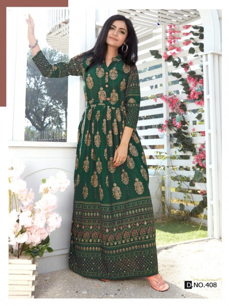 Green Rayon Beautiful Golden Printed Long flare Kurti Gown chinese collar Front Buttons with waist belt