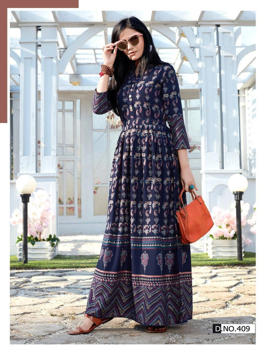 Navy Blue  Rayon Beautiful Golden Printed Long flare Kurti Gown chinese collar Front Buttons with waist belt