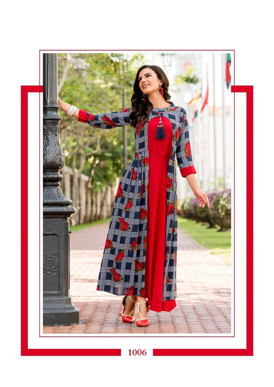 Blue and Red Rayon Ethnic wear long kurti with attached full shrug