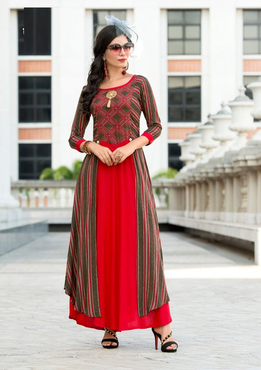 Red Printed Rayon Ethnic wear long kurti style gown