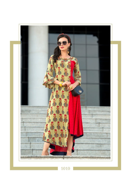 Red and Green Rayon Handwork Ethnic wear Long kurti style gown