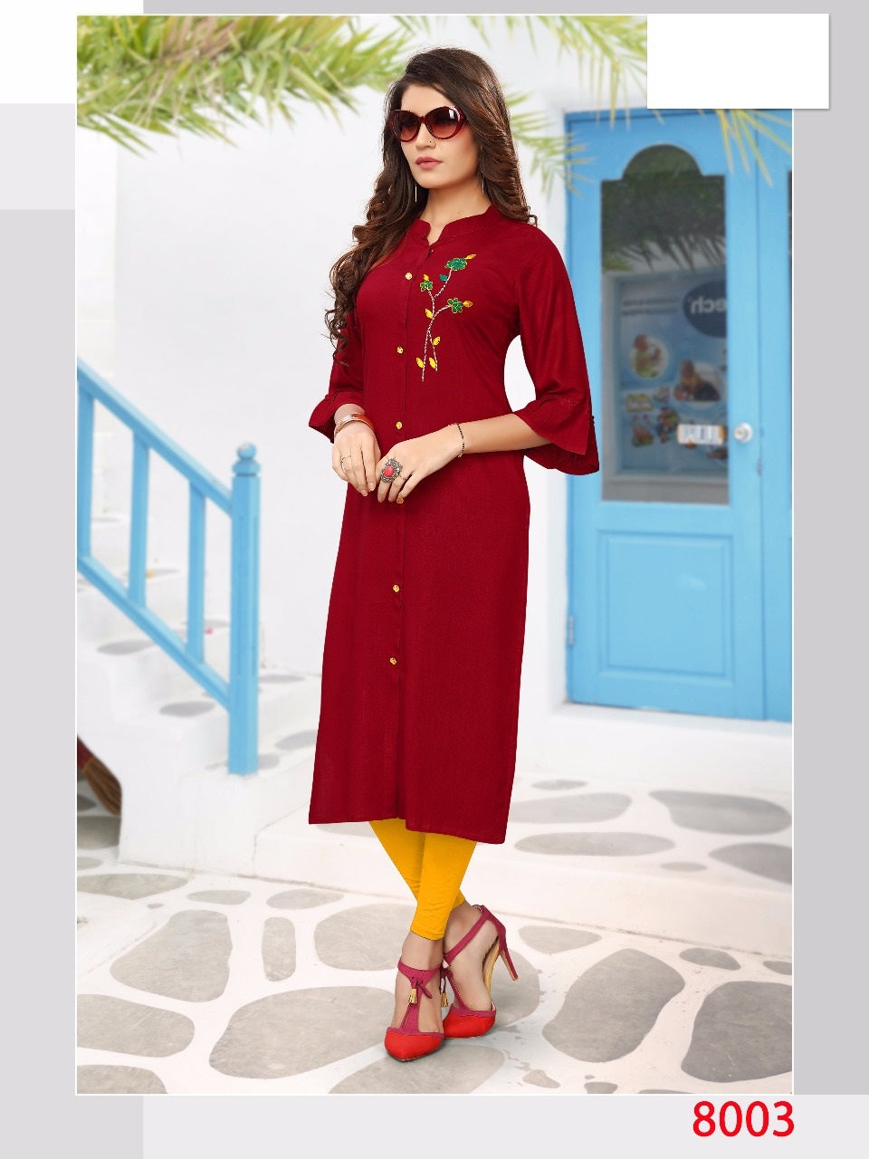 Red Heavy Rayon Slub Handwork Striaght Kurti for Regular wear