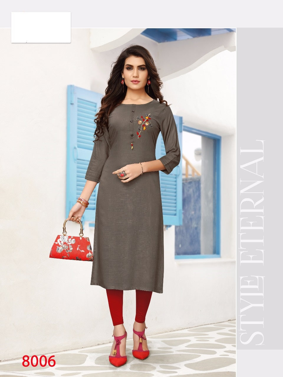 Brown Heavy Rayon Slub Handwork Striaght Kurti for Regular wear