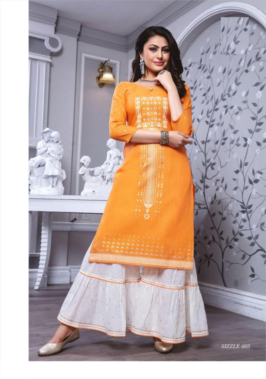 Orange Cotton Handwork kurti with golden lace flair white sharara