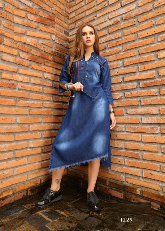 Denim Blue Cotton Denim Kurti chinese collar Solid Pattern with Embroidery and Handwork