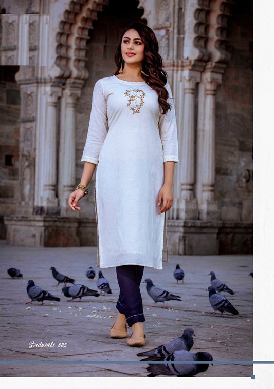 White Rayon Kurti with Embroidery and Handwork Striaght kurti with Navy Blue pant sets