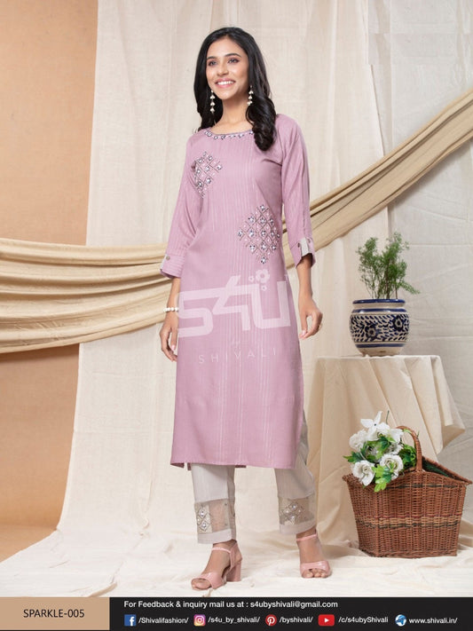 Pink Handwork Kurti with Fancy OffWhite Pant