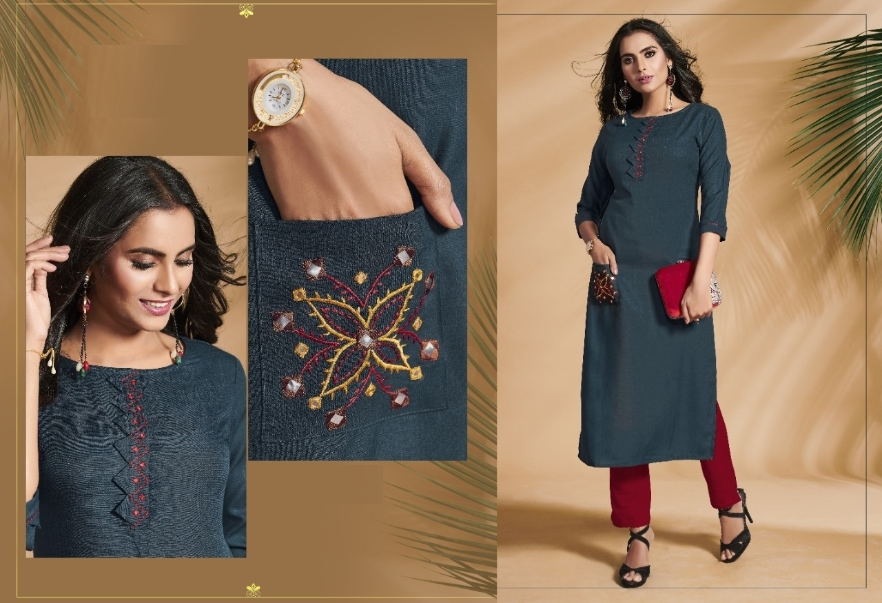 Pine Green Cotton slub kurti with Beautiful Designs Embroidery work Side cut Straight kurti