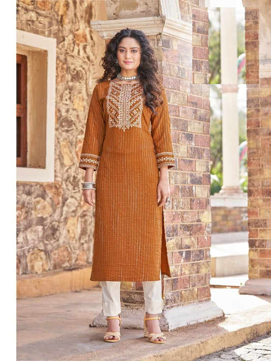 Brown Embroidery Work Straight Fit Rayon Kurti