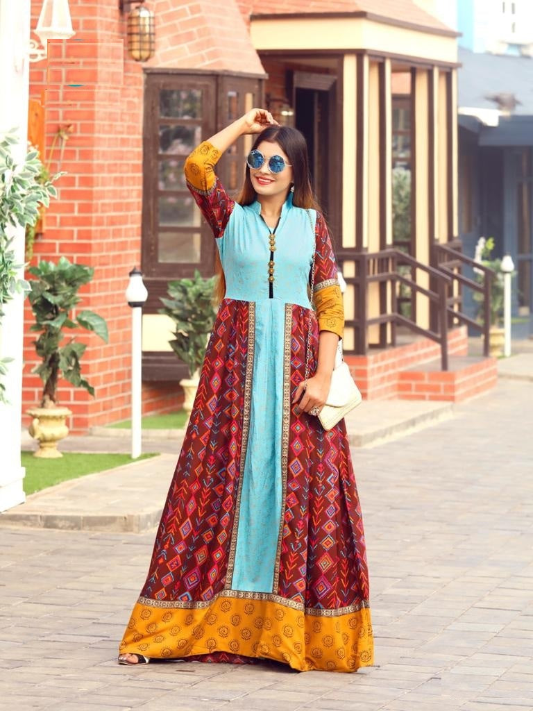 Blue, Maroon & Orange Rayon Designer Flared Kurti
