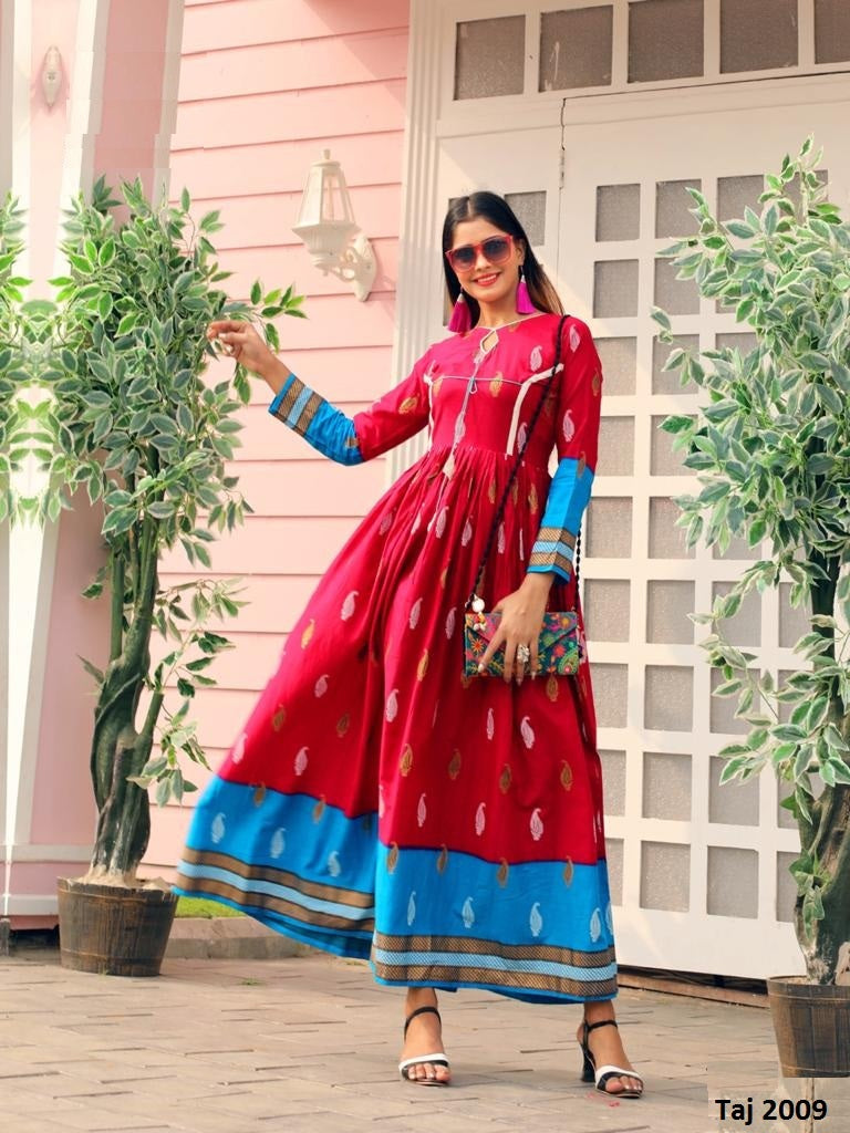 Pink and Blue Rayon printed Long Flared Gown with Beautiful dori