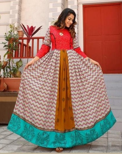 Brown, Red & Blue Rayon Designer Flared Kurti