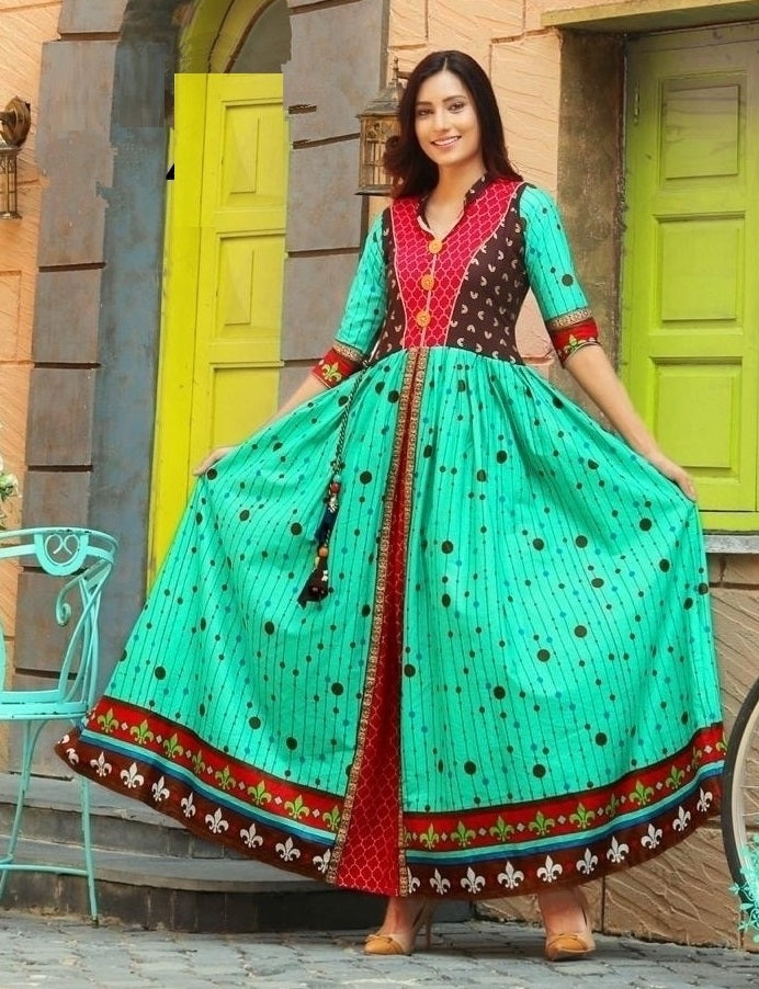 Green & Maroon Rayon Designer Flared Kurti