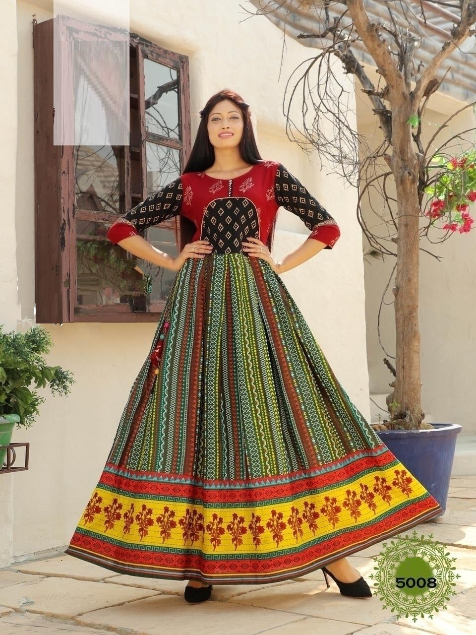 Black, Maroon & Yellow Rayon Designer Flared Kurti
