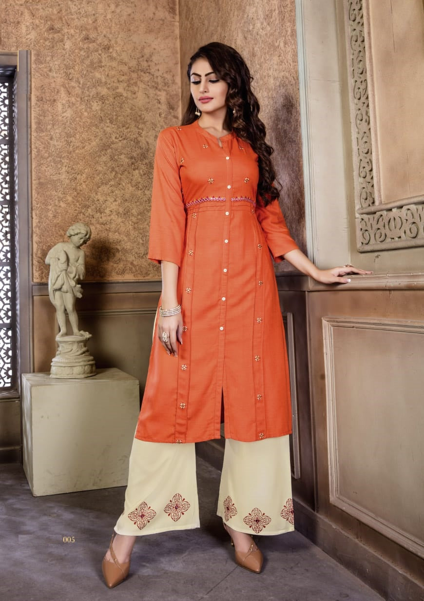 Orange Rayon kurti chinese collar front cut with Beautiful embroidery work Rayon cream Palazzo