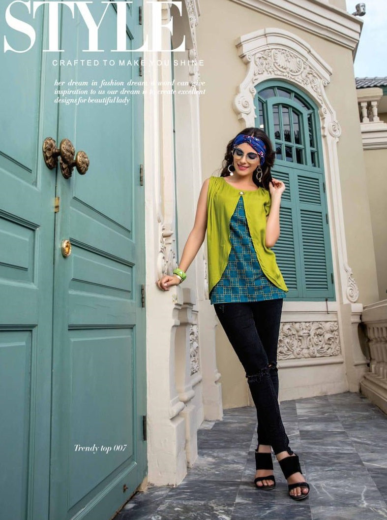 Blue Checks Print Top with Attached Pista Rayon Shrug