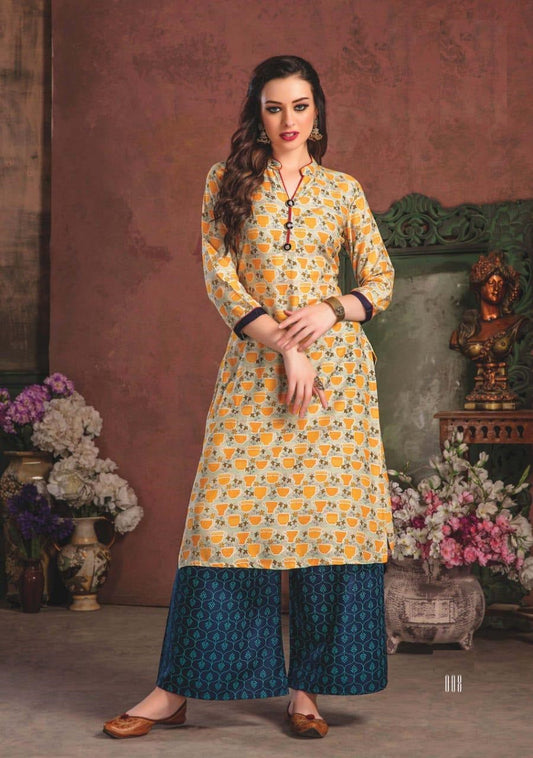 Yellow and Multicolor Rayon Printed Daily wear Kurti with Blue Palazzo