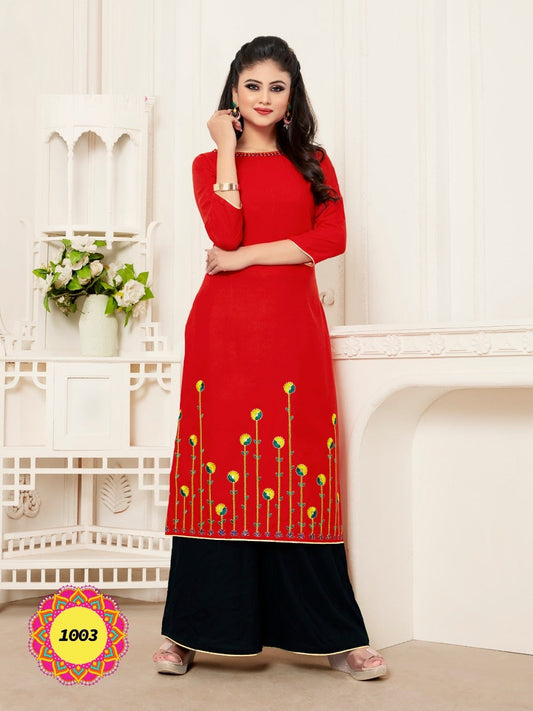 Red Heavy Rayon Traditional wear Thread embroidery work Kurti with black palazzo
