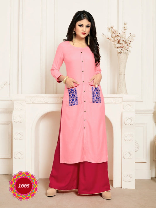 Baby Pink Heavy Rayon Traditional wear Thread embroidery work Front cut Kurti with Red palazzo