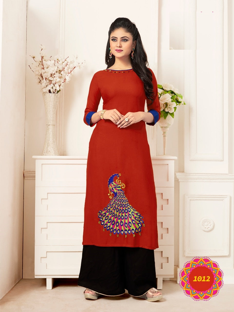 Maroon Heavy Rayon Traditional wear Thread embroidery work Kurti with black palazzo