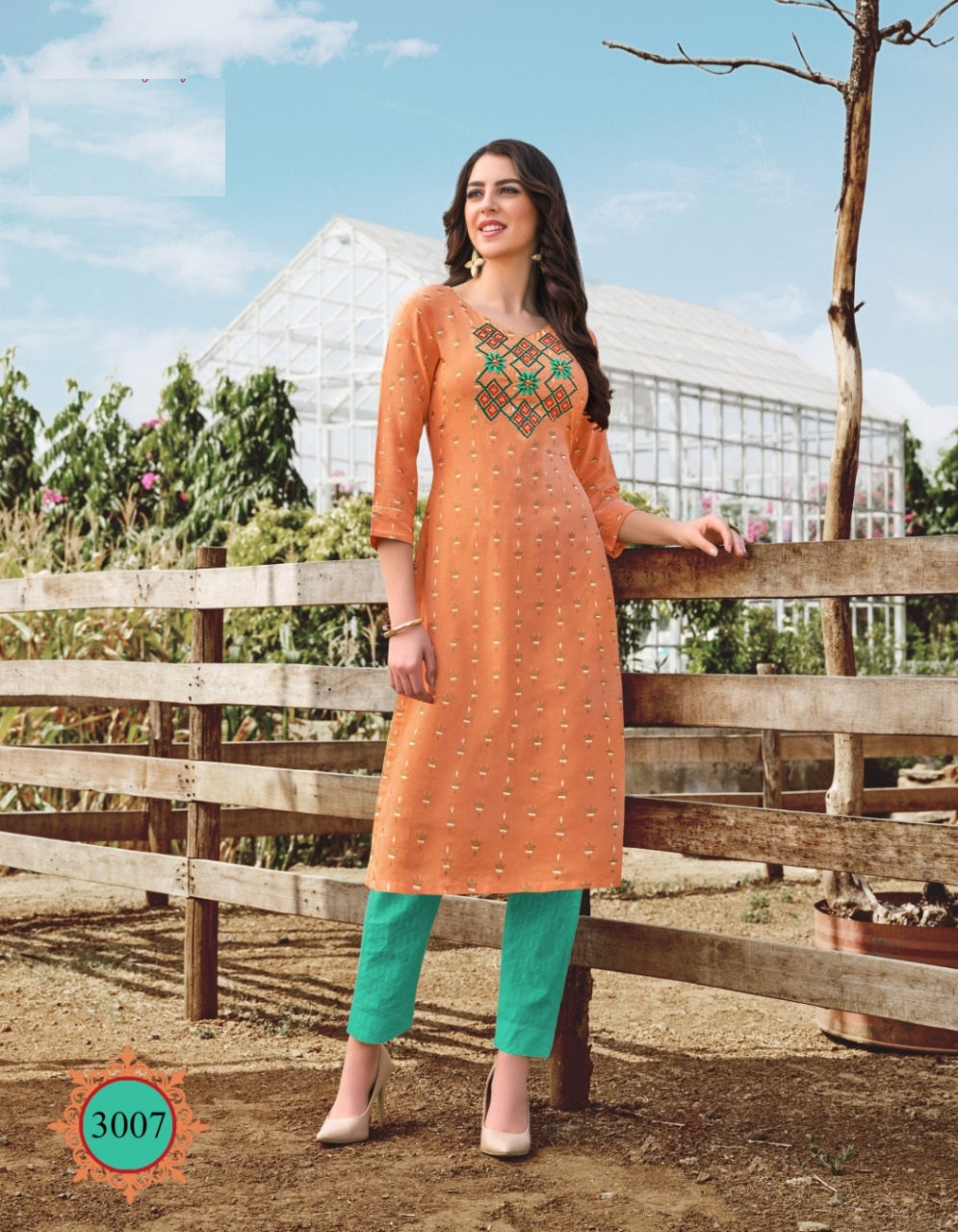 Peach Heavy Rayon Stylish Fancy foil printed and Embroidery work kurti