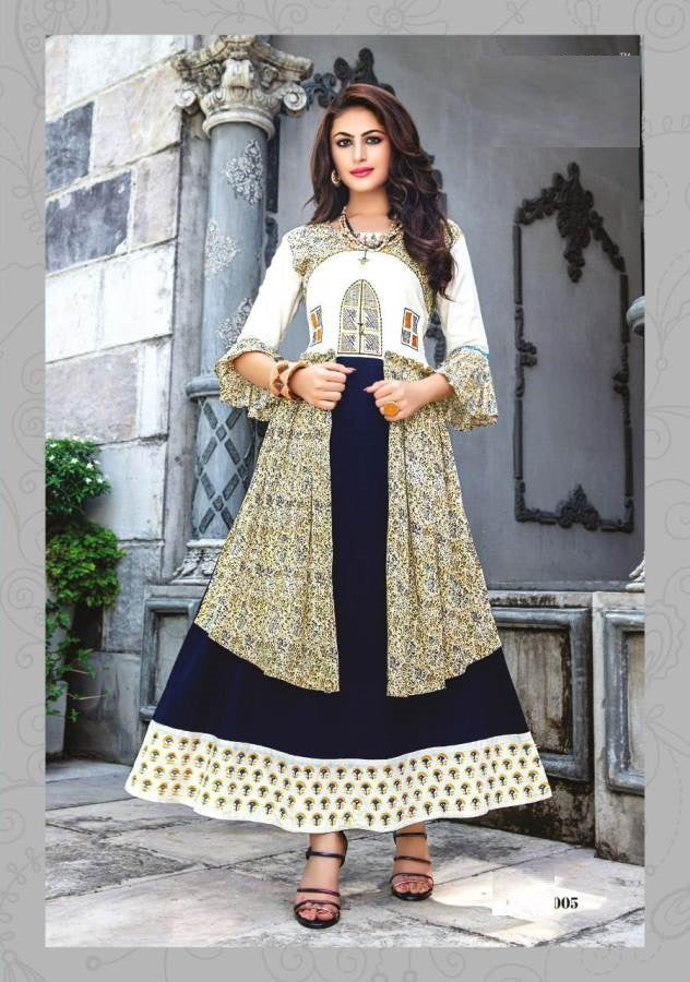 White and Multicolor Rayon Embroidery Work Designer Anarkali kurti