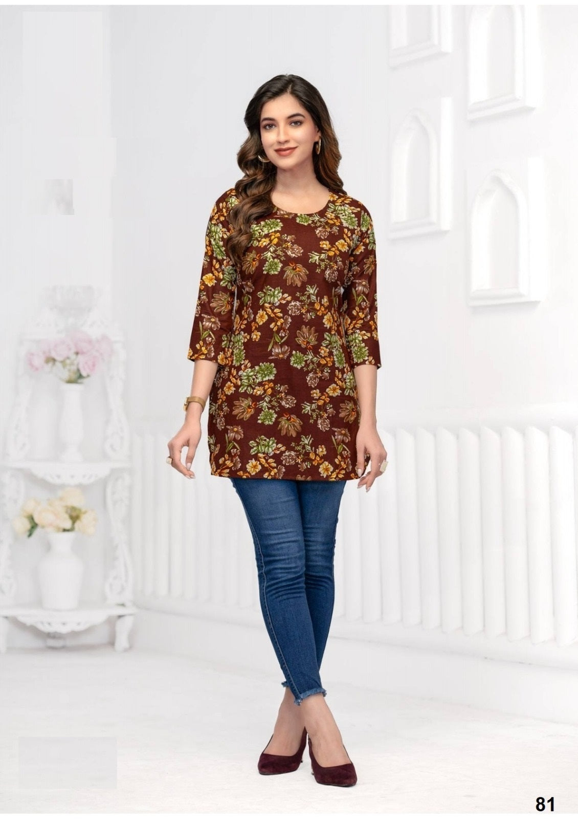 Women wearing cotton printed short kurti for office and daily wear by VogPap