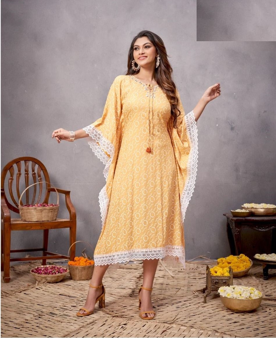 Yellow Kaftan With Embroidery & Hand work