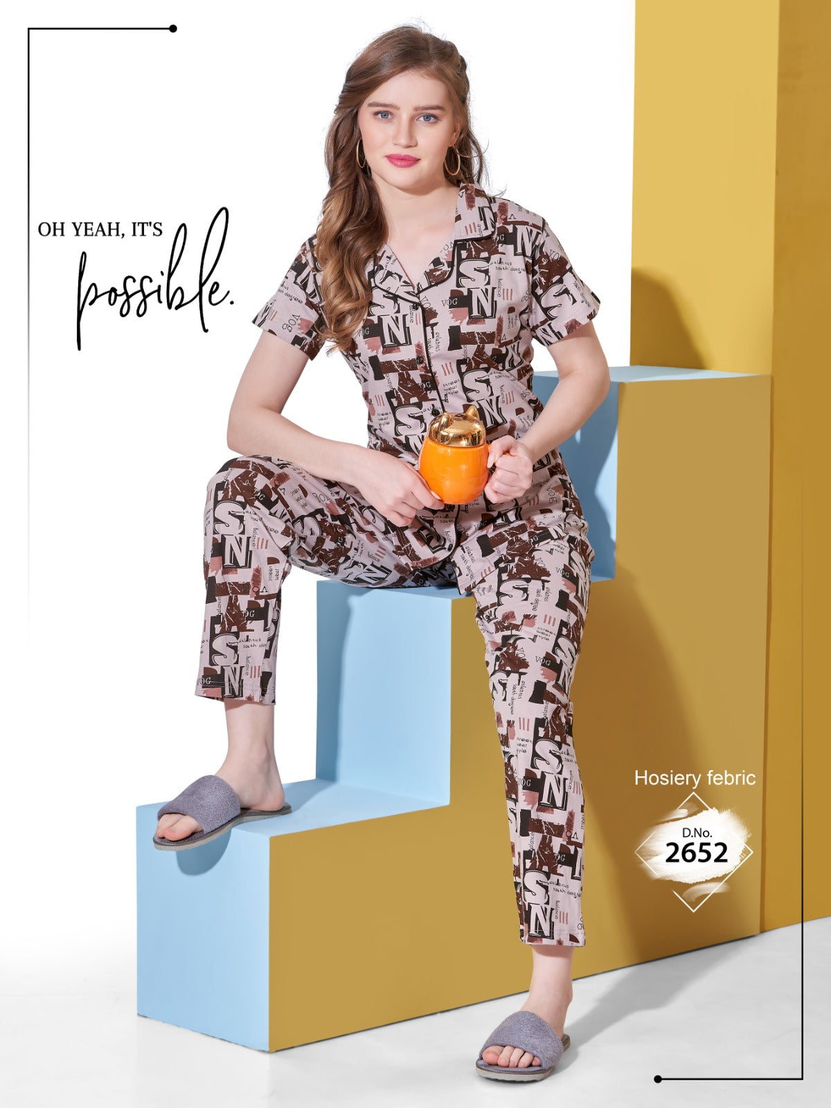 Woman in a patterned outfit sitting on geometrically shaped blocks with text and product code overlay.