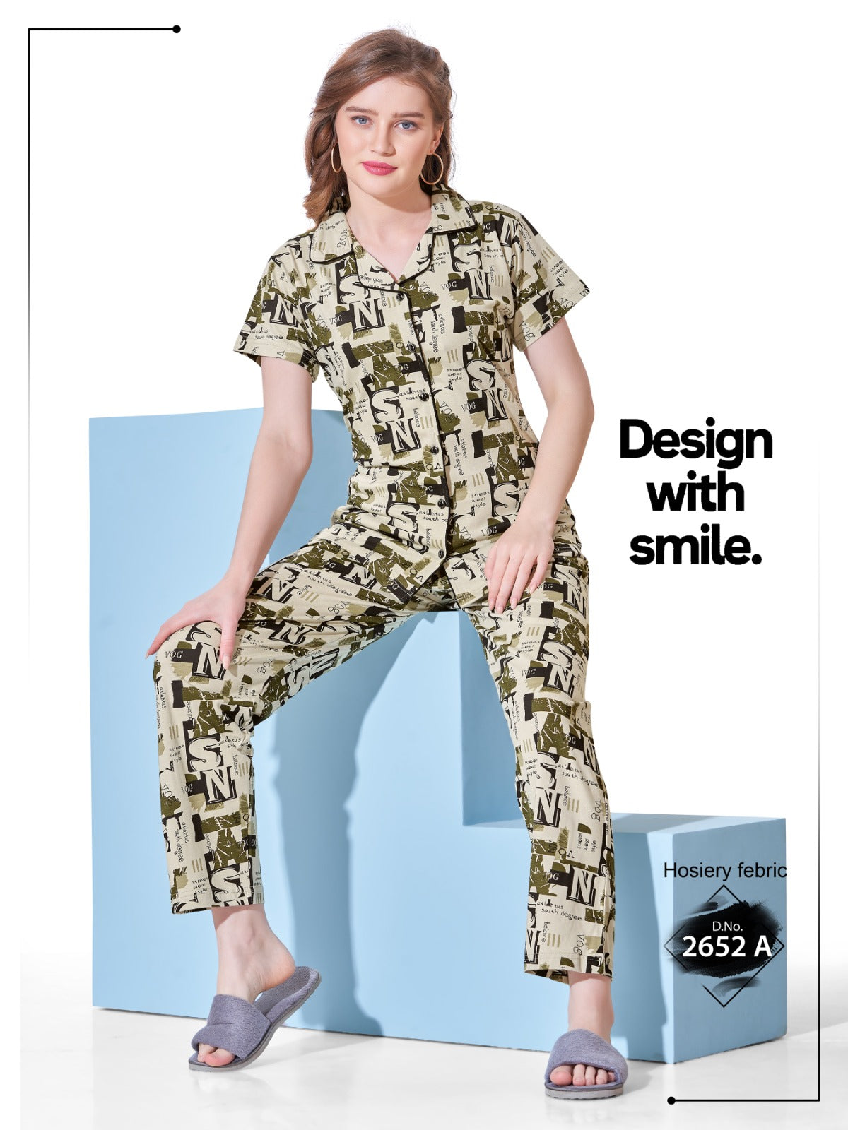 Woman wearing a camouflage outfit with text 'Design with smile' on a white background