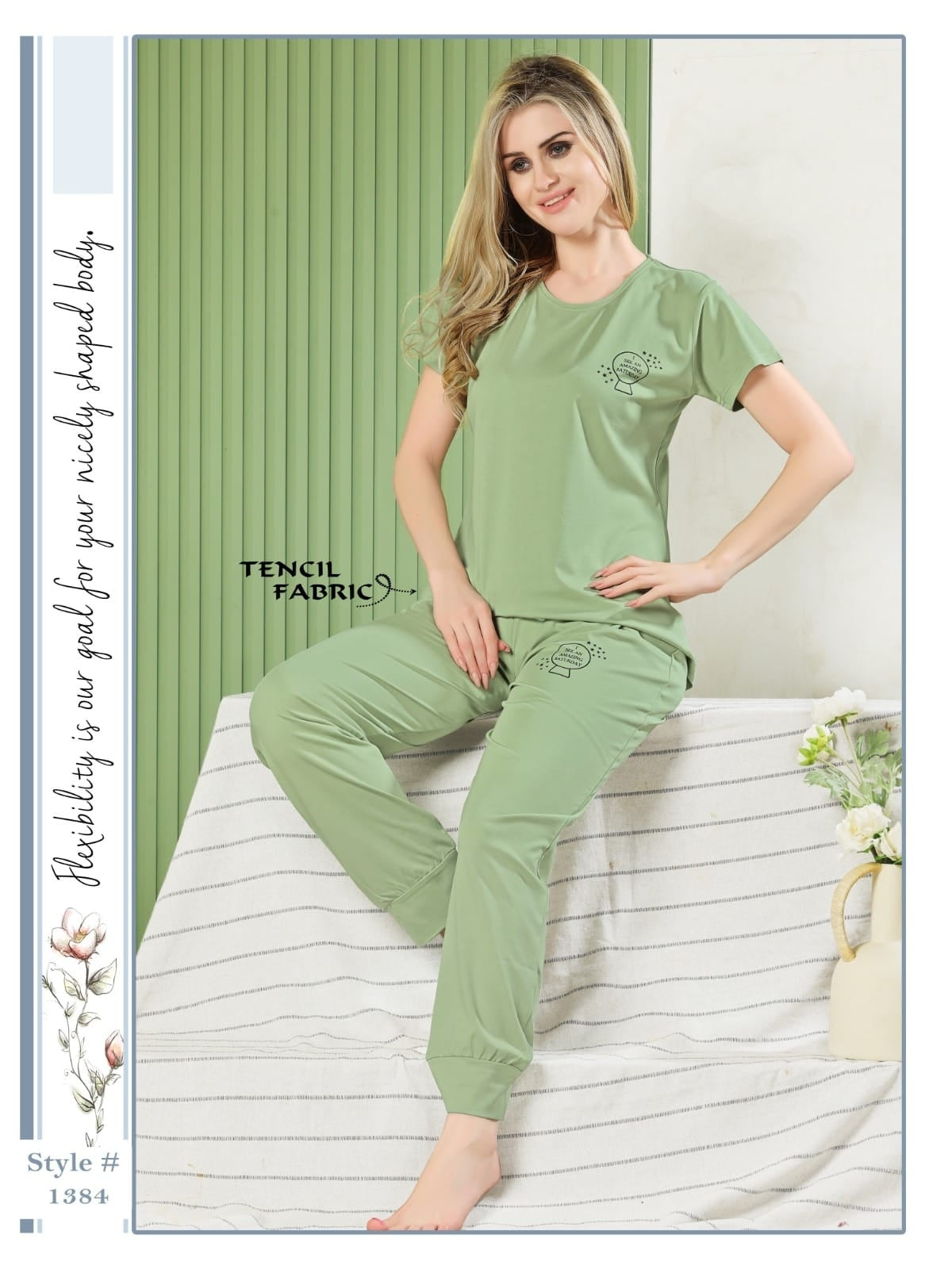 A woman wearing a Tencel Buttery Super Soft Tshirt and Pant Set (TRACKSUIT) , showcasing its luxurious fabric and elegant design.