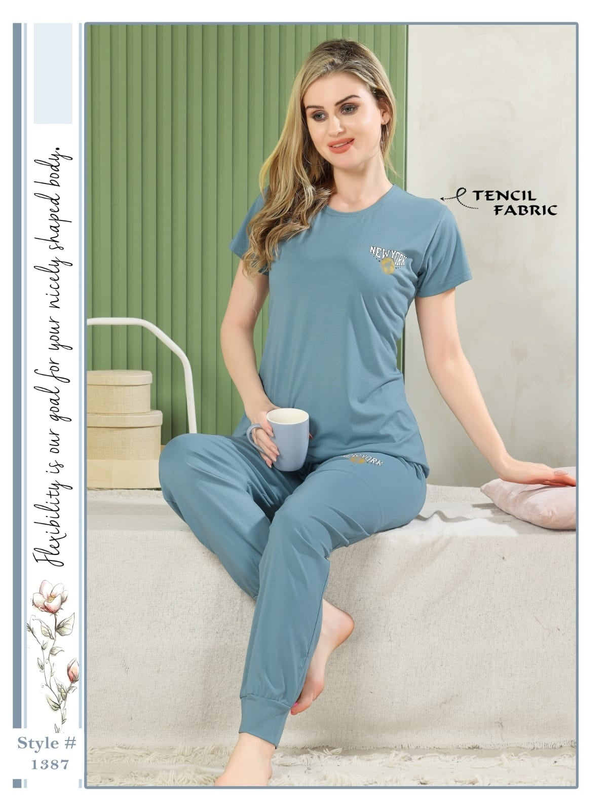 A woman wearing a Tencel Buttery Super Soft Tshirt and Pant Set (TRACKSUIT) , showcasing its luxurious fabric and elegant design.