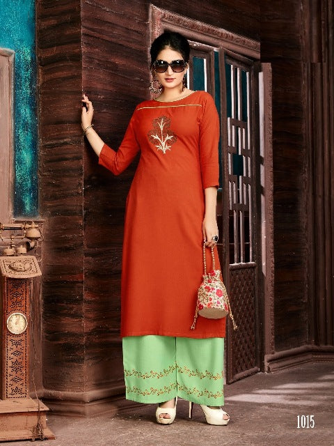 red kurti with green plain palazzo