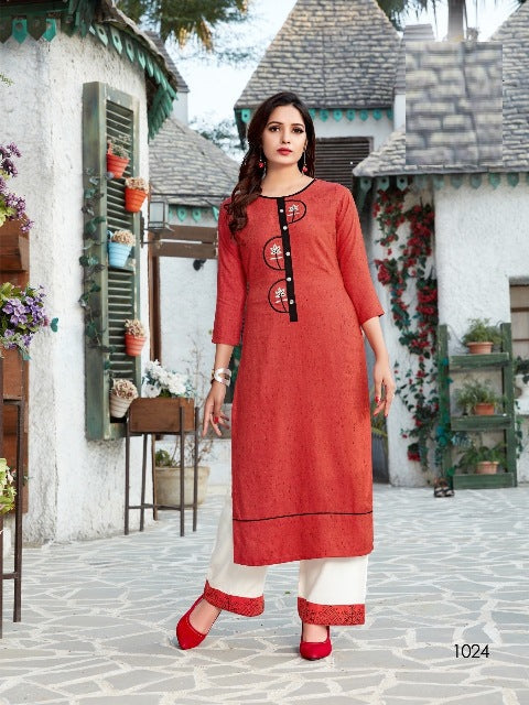 Tomato Red Kurti with White Plain Palazzo
