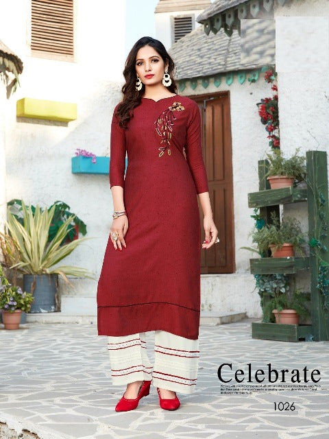 maroon kurti with white plain palazzo