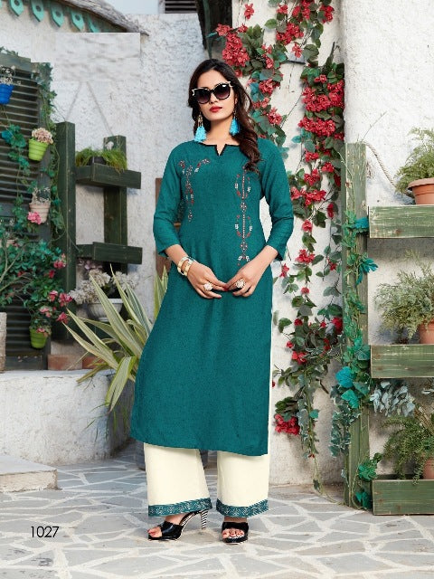 Dark Green Kurti with White Plain Palazzo