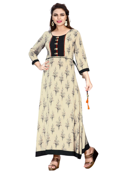 Cream Rayon Print Full Length Flared Kurti