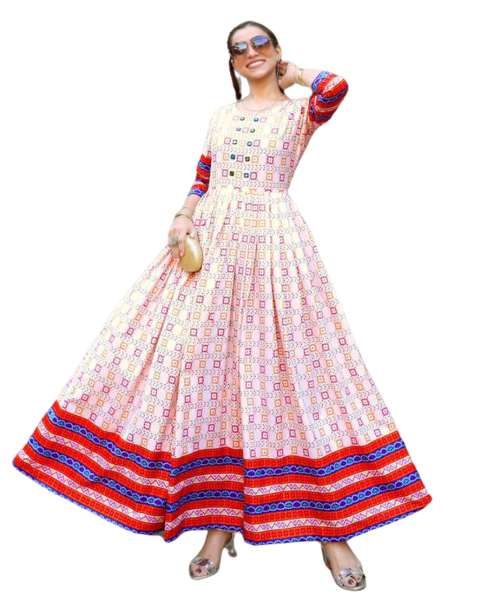 Cotton Printed Flaired White Kurti/Gown