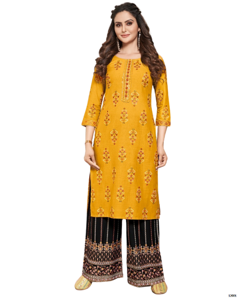 Yellow and Black Classy Printed Stylish Rayon Fancy Embroidery Work Kurti With Palazzo Sets For women